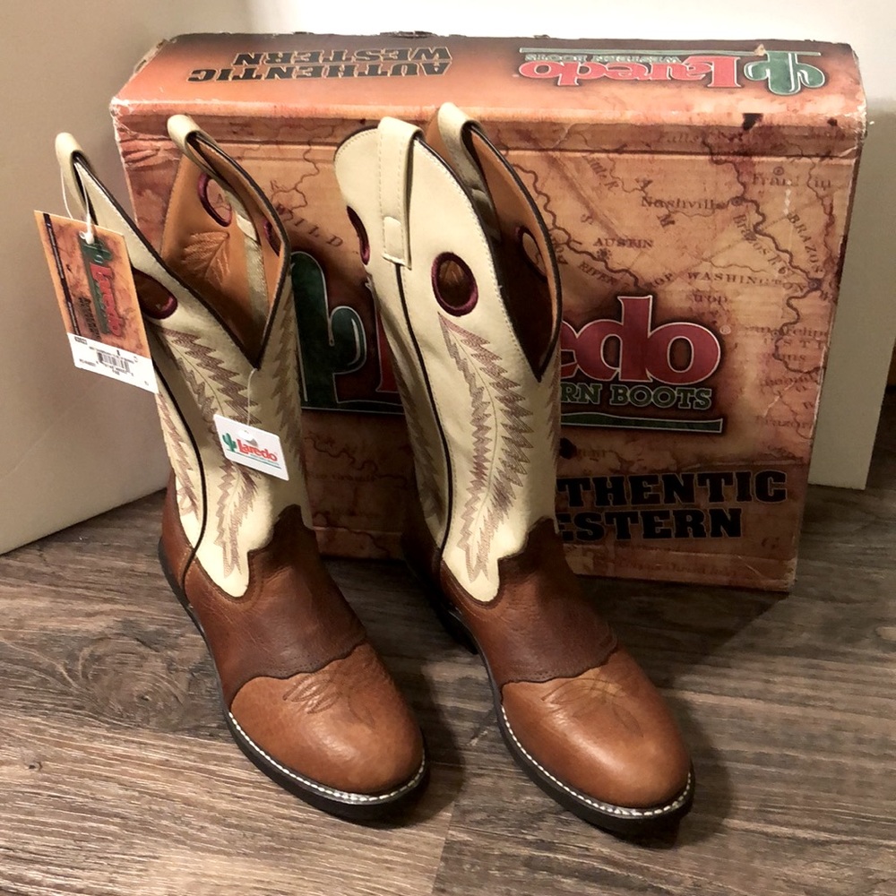 Men’s “NIB” Laredo Size 8D VP Buckaroo Cowboy Boots In Tricolor Tan Brown White